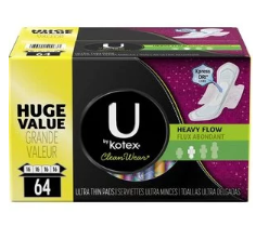  史低价：U by Kotex CleanWear 超薄带护翼卫生巾 64片超值装 $7.99(原价$24.76)