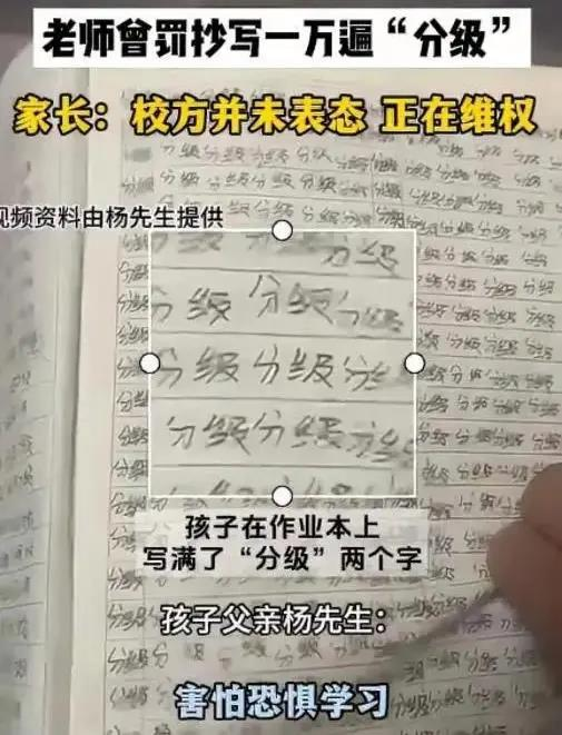 男童父亲称孩子曾被老师罚写「分级」二字一万遍。（视频截屏）