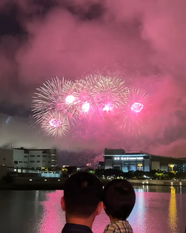 两父子一齐睇烟花。